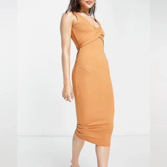 asos orange midi dress ASOS DESIGN sequin cowl halter neck midi dress in orange